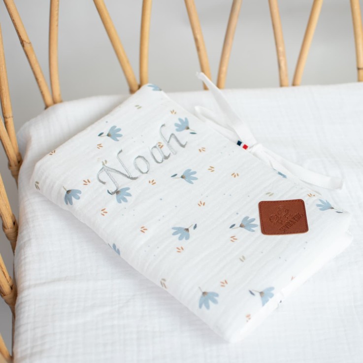 Protège carnet de santé bébé en gaze de coton, Bleuet