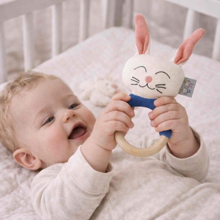 Hochet lapin en coton avec anneau de dentition en bois