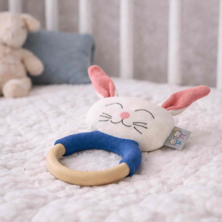 Hochet lapin en coton avec anneau de dentition en bois