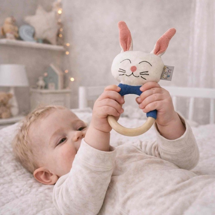 Hochet lapin en coton avec anneau de dentition en bois