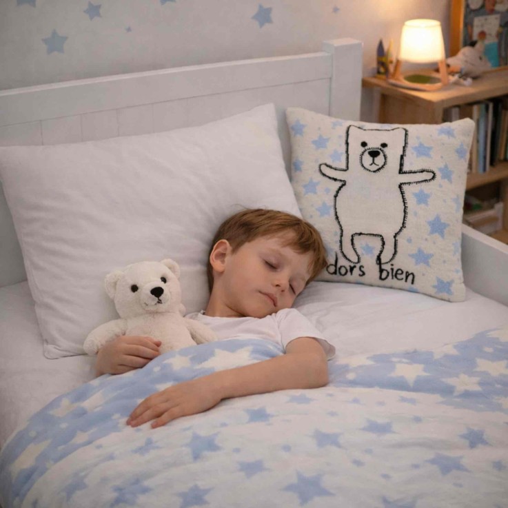 Taie de coussin enfant en coton bio tricoté, Ourson