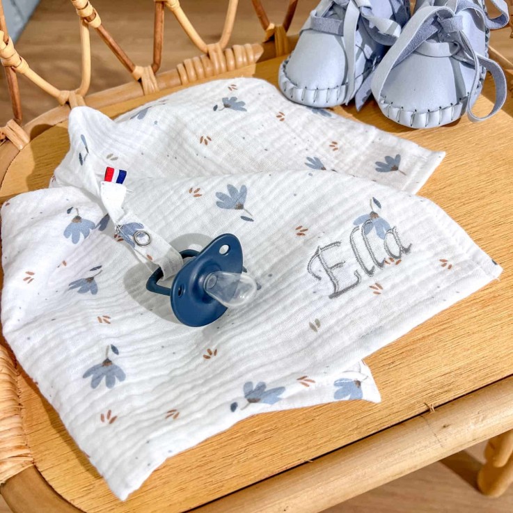 Doudou lange attache tétine en gaze de coton, Bleuet