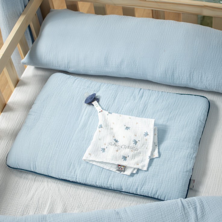 Doudou lange attache tétine en gaze de coton, Bleuet
