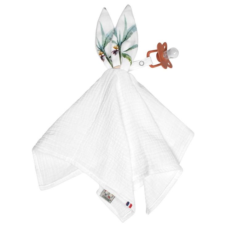Doudou lapin attache tétine en gaze de coton, Safari