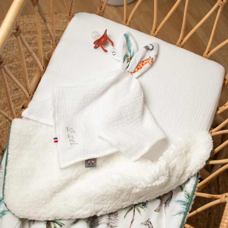 Doudou lapin attache tétine en gaze de coton, Safari
