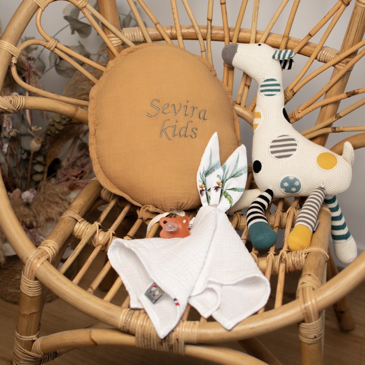 Doudou lapin attache tétine en gaze de coton, Safari