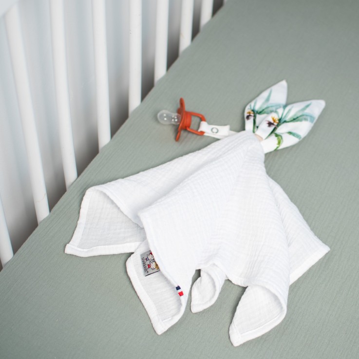 Doudou lapin attache tétine en gaze de coton, Safari