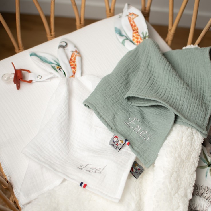 Doudou lapin attache tétine en gaze de coton, Safari