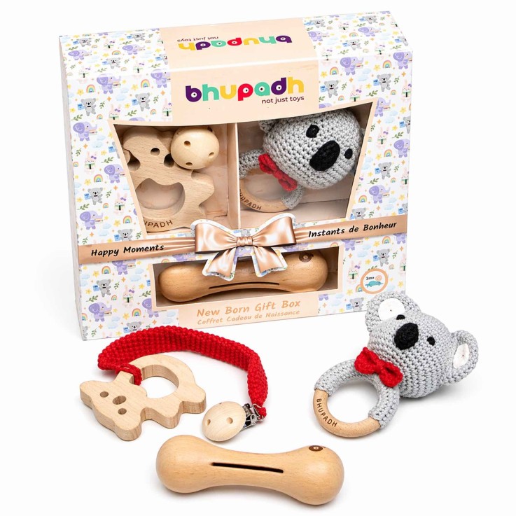 Coffret de 3 hochets en coton et bois naturel