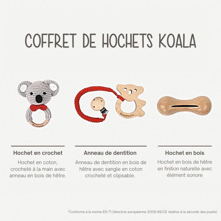 Coffret de 3 hochets en coton et bois naturel