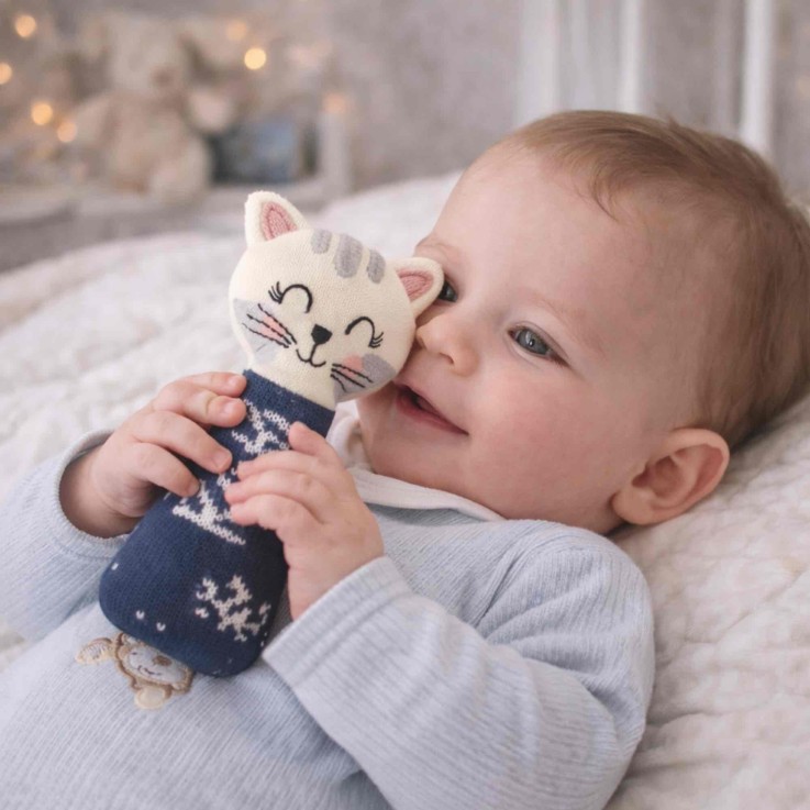 Hochet tricoté en coton bio, Chaton