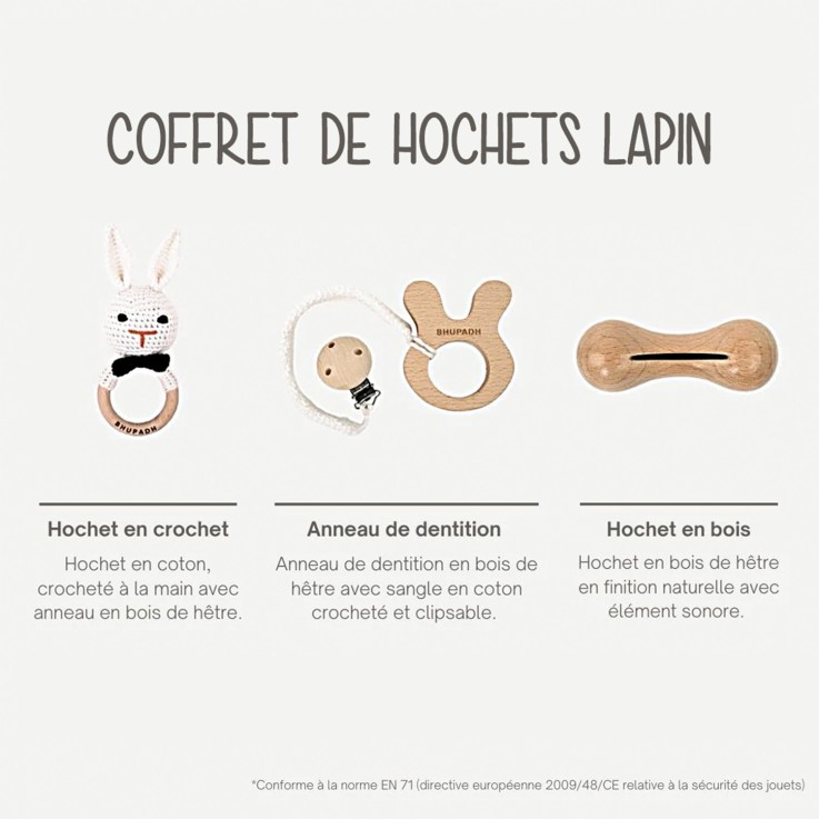 Coffret de 3 hochets en coton et bois naturel