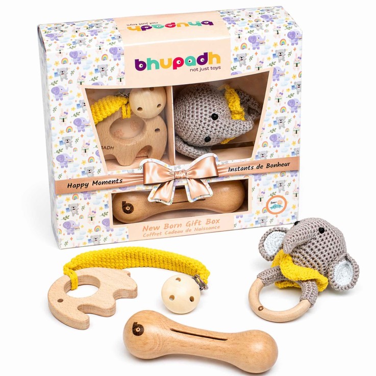 Coffret de 3 hochets en coton et bois naturel