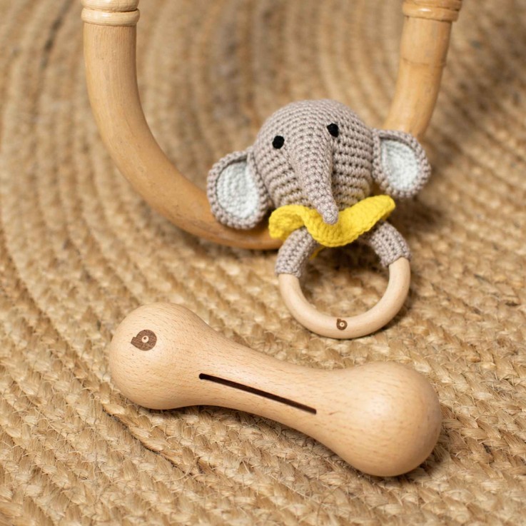 Coffret de 3 hochets en coton et bois naturel