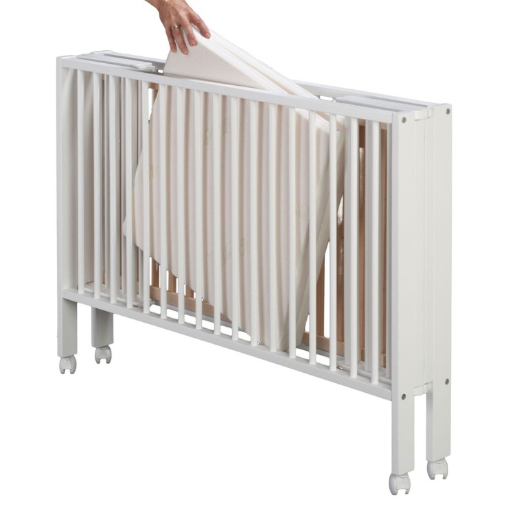 Lit enfant à barreaux pliable JORI 60x120 cm avec matelas, Blanc