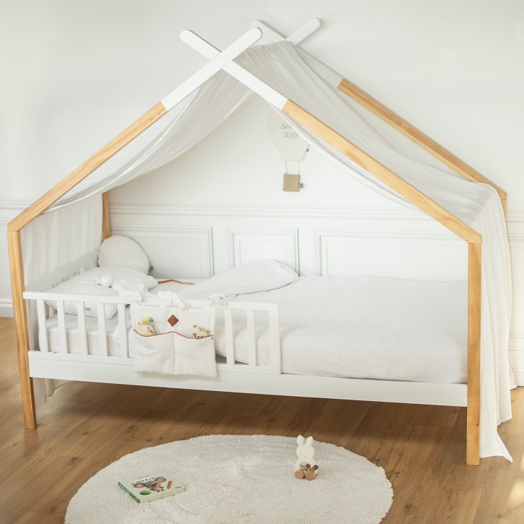 Ciel de lit cabane, toile en double gaze pois dorés