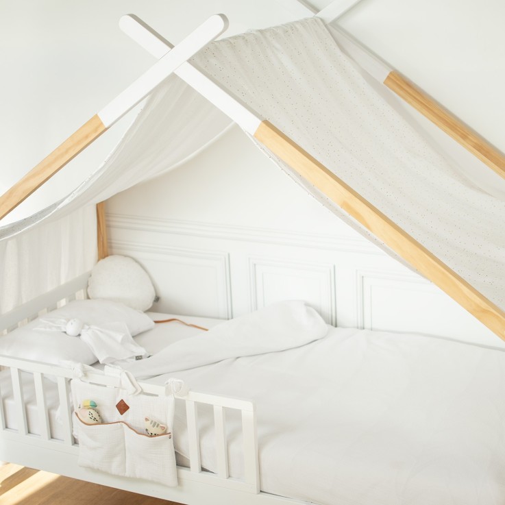 Ciel de lit cabane, toile en double gaze pois dorés