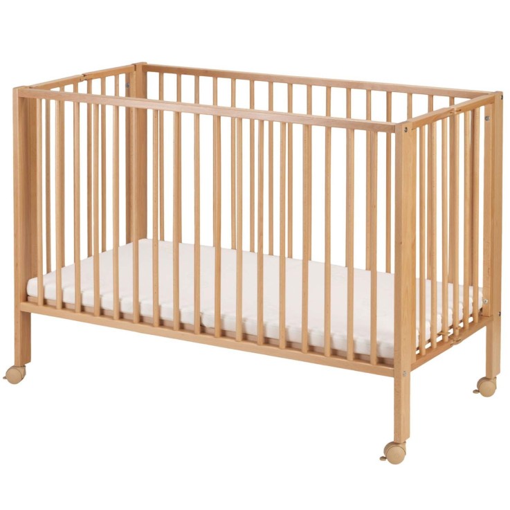 Lit pour enfant à barreaux pliable 60x120 cm avec matelas, Bois naturel