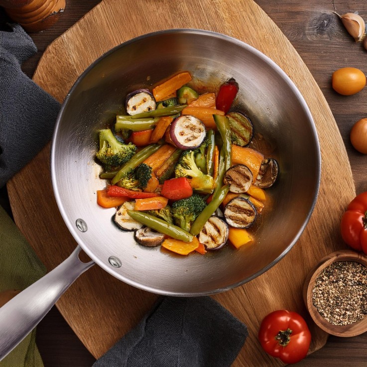 Lot Gourmet 2 Poêles inox 24 et 28 cm, Coffret 4 couteaux de cuisine
