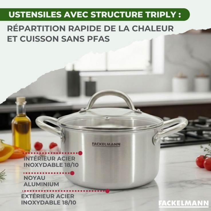 4 poêles 20/24/26/28, 3 Casseroles 14/16/18, 2 Faitouts 20/24, inox 18/10 Triply Vita3