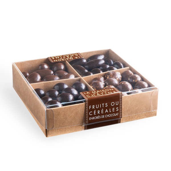 Coffret 4 cases Amandes chocolat lait & noir, Perles céréales & nougatine, Noisettes chocolat noir - 240 g