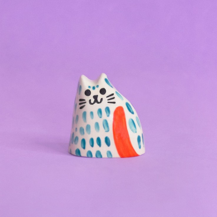Céramique Petit Chat Bleu Et Rouge