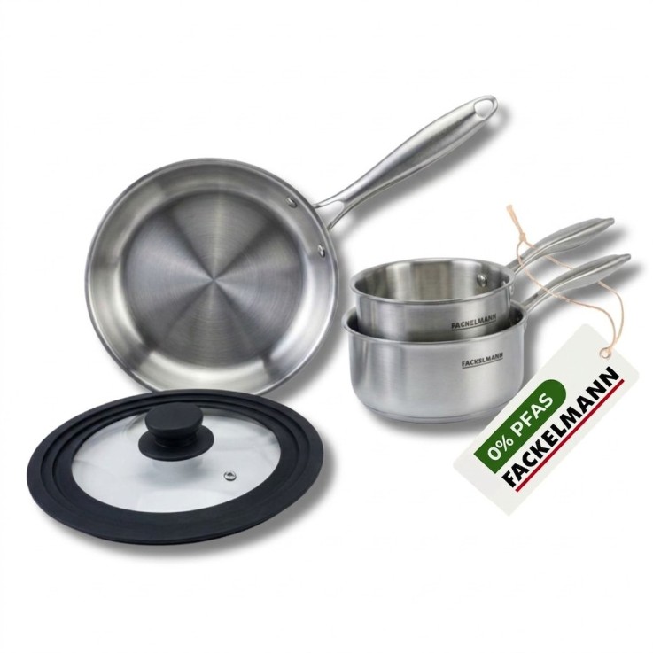 Set poêle à Frire 28 cm et Casseroles 14 et 18 cm en inox 18/10 Triply et couvercle Fackelmann Vita3