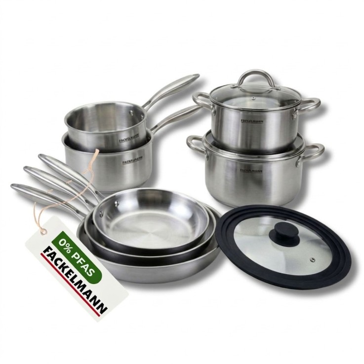 3 poêles à Frire 20 24 et 28 cm, Casseroles 14 et 18 cm, Faitouts 20 24 cm inox 18/10 Triply, Couvercle Fackelmann Vita3