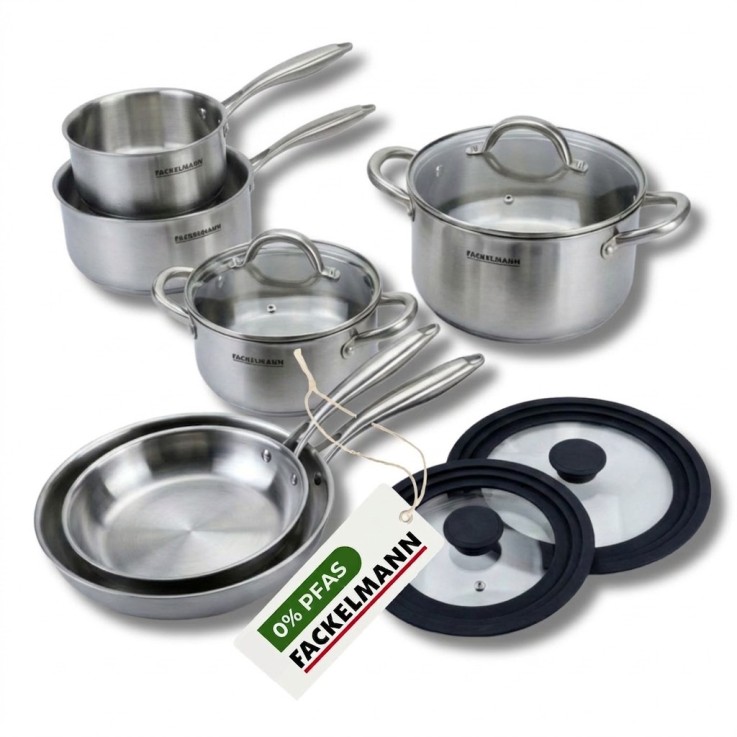 Poêles à Frire 24 et 28 cm, Casseroles 14 et 18 cm, Faitouts 20 et 24 cm inox 18/10 Triply et 2 couvercles Fackelmann Vita3