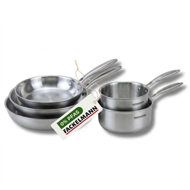 3 poêles à Frire 24 26 et 28 cm, Casseroles 14 et 18 cm inox 18/10 Triply Fackelmann Vita3