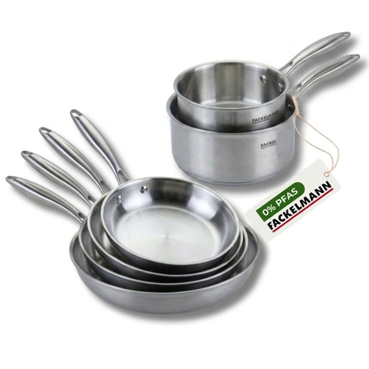4 poêles à Frire 20 24 26 et 28 cm, Casseroles 14 et 18 cm inox 18/10 Triply Fackelmann Vita3