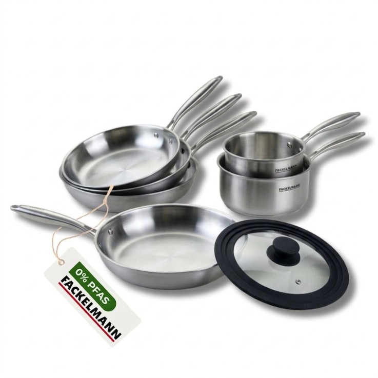 4 poêles à Frire 20 24 26 et 28 cm, Casseroles 14 et 18 cm inox 18/10 Triply, Couvercle Fackelmann Vita3