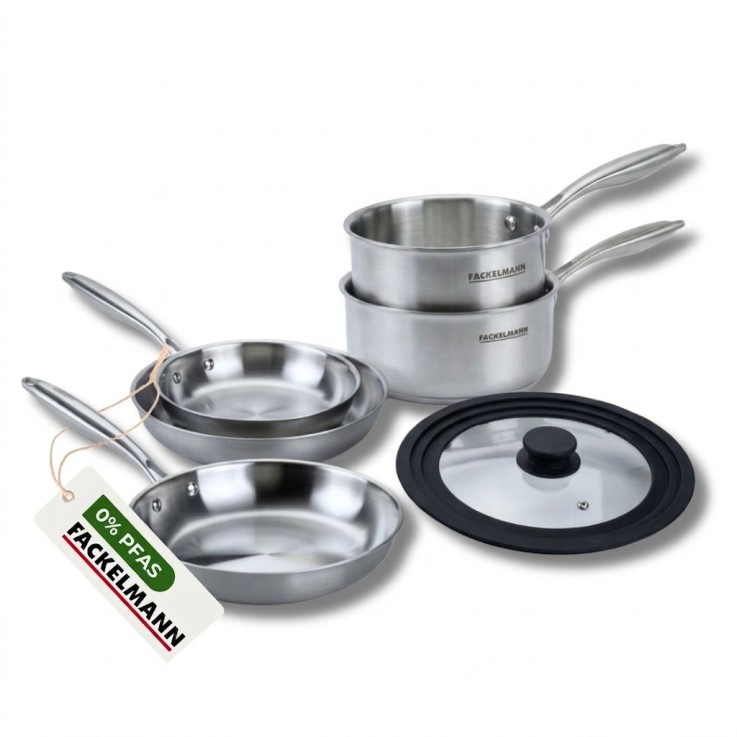 3 poêles à Frire 24 26 et 28 cm, Casseroles 14 et 18 cm inox 18/10 Triply et couvercle Fackelmann Vita3