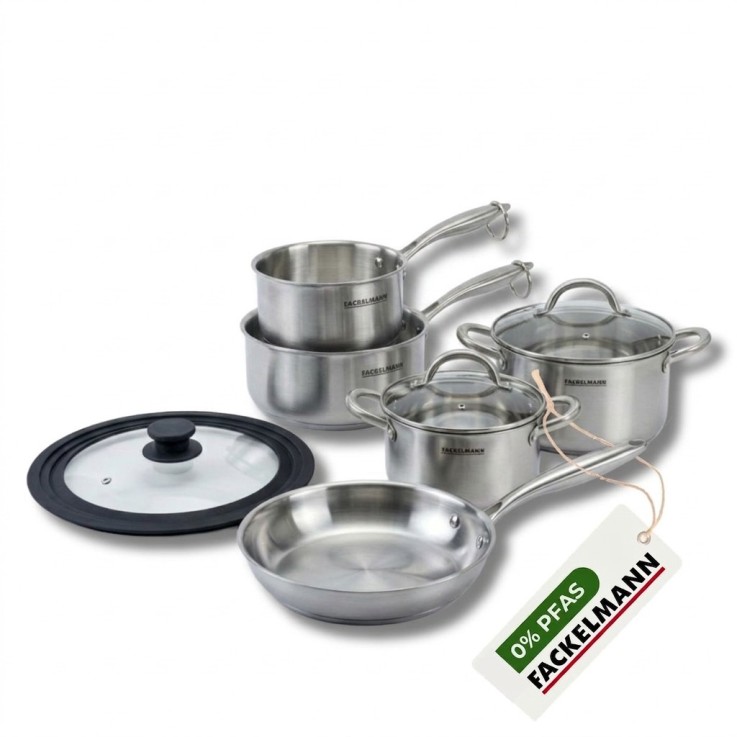 Poêle à Frire 26 cm, Casseroles 14 et 18 cm, Faitouts 20 24 cm inox 18/10 Triply et couvercle Fackelmann Vita3