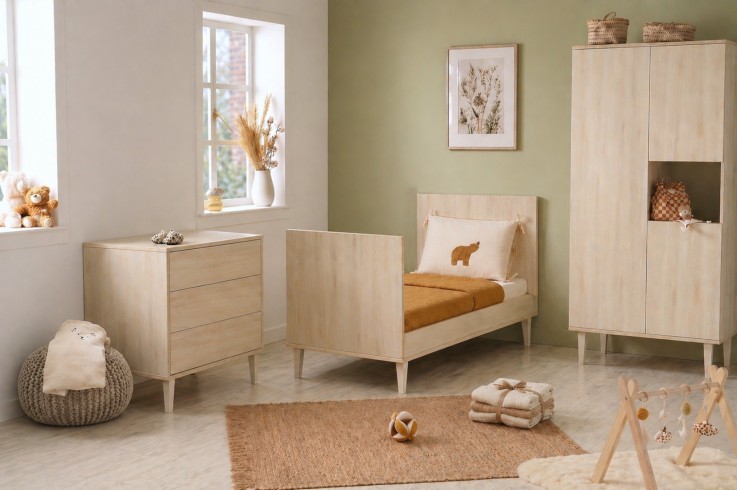 Lit bébé évolutif 70x140 sur pieds- Little Big Bed en bois décor hêtre cendré