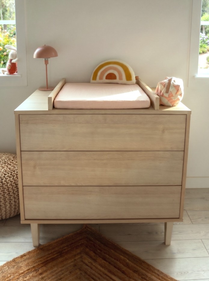 Commode à langer 3 tiroirs sur pieds 97x90cm - décor bois hêtre cendré