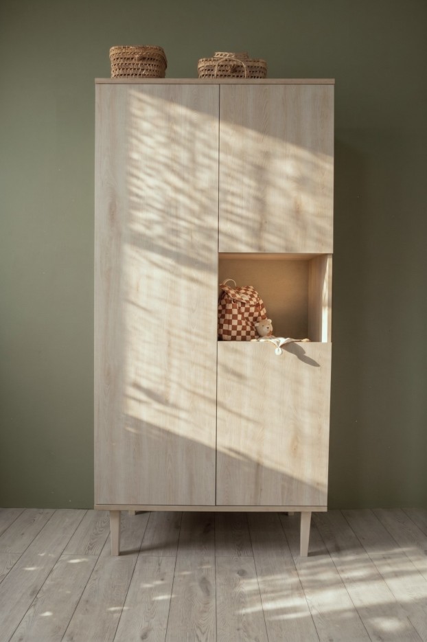 Armoire 3 portes et une niche sur pieds 101x209cm - décor bois hêtre cendré