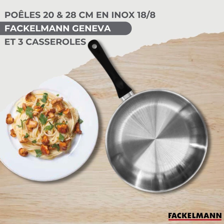Set 2 poêles 20 et 28 cm, 3 casseroles en inox et 6 ustensiles inox Fackelmann Geneva