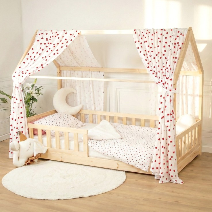 Set double ciel de lit cabane en gaze de coton Coeurs Lovio
