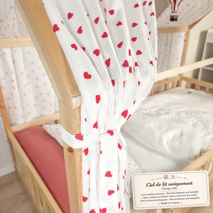 Set double ciel de lit cabane en gaze de coton Coeurs Lovio