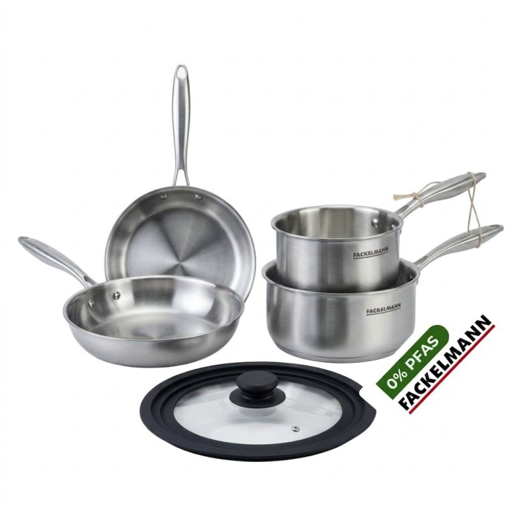 Batterie de cuisine avec 2 poêles 20/26 cm et 3 casseroles 14/16/18 cm avec 1 ustensile de cuisine sans PFAS Fackelmann Vita3