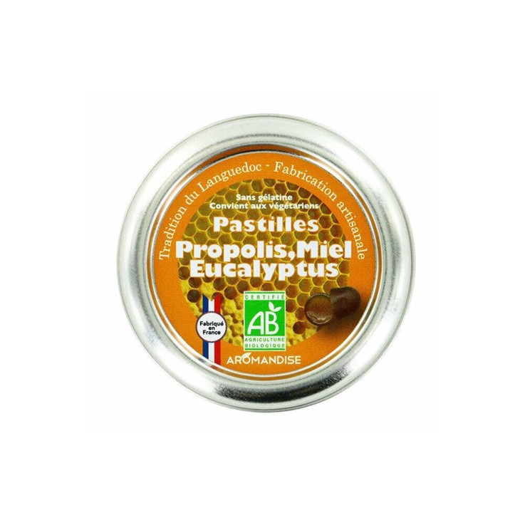 Pastilles bio à la propolis, miel et eucalyptus pour la gorge 45g