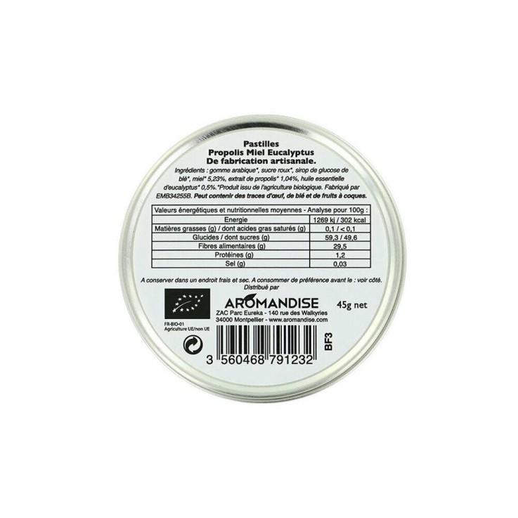 Pastilles bio à la propolis, miel et eucalyptus pour la gorge 45g