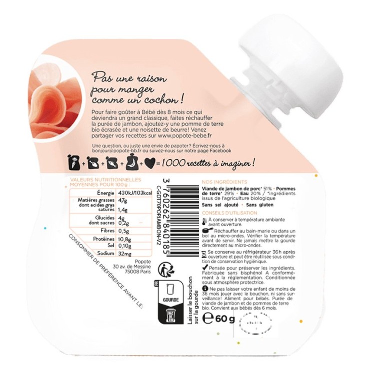 Gourde Repas Bio Jambon - 60 g