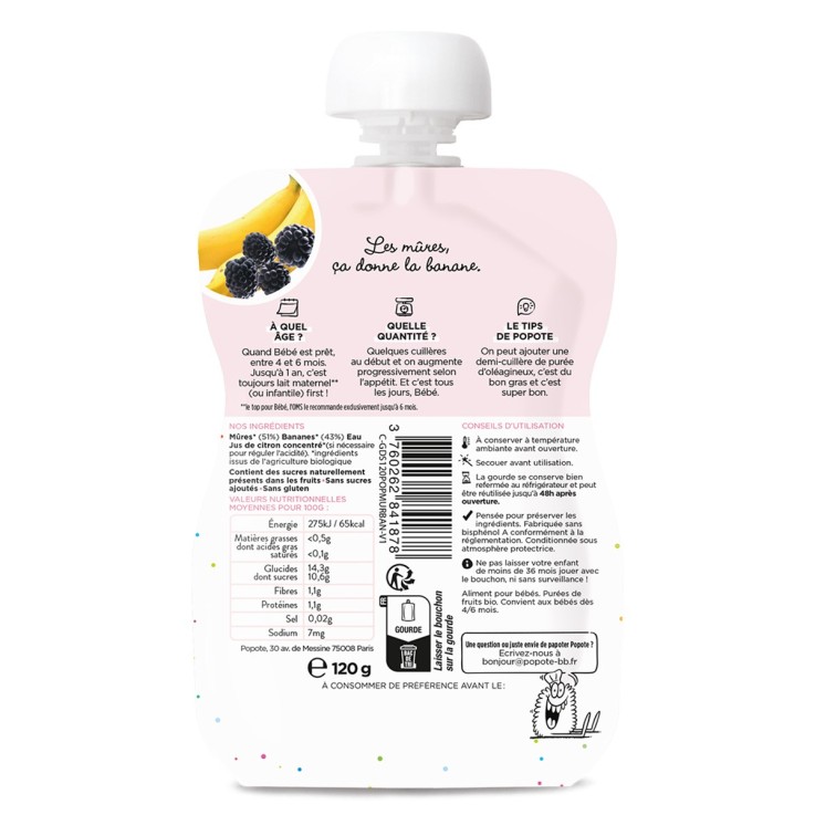 Gourde Repas Bio Mûres et Banane - 120 g