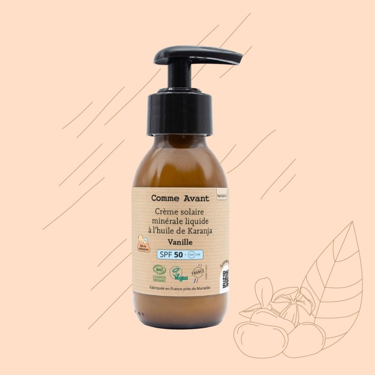 Crème solaire SPF50 minérale liquide à l'huile de karanja Bio (90ml) - Vanille