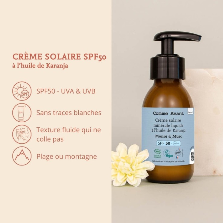 Crème solaire SPF50 minérale liquide à l'huile de karanja Bio (90ml) - Vanille