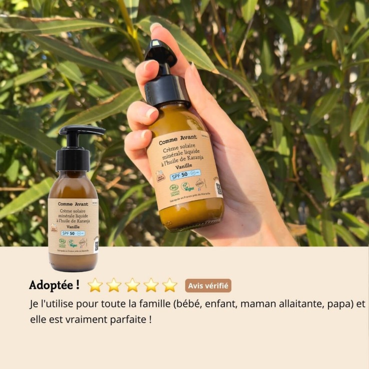 Crème solaire SPF50 minérale liquide à l'huile de karanja Bio (90ml) - Vanille