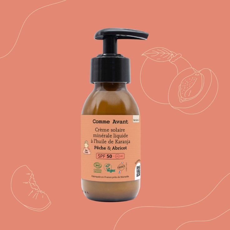 Crème solaire SPF50 minérale liquide à l'huile de karanja Bio (90ml) - Pêche & Abricot