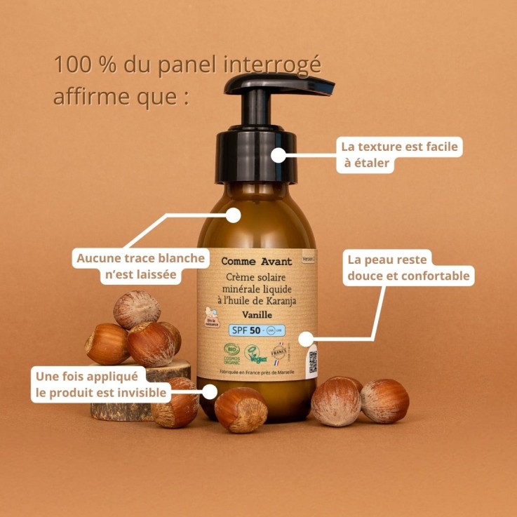 Crème solaire SPF50 minérale liquide à l'huile de karanja Bio (90ml) - Monoï et Musc
